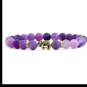 NWT Amethyst Purple Crystal Beaded Stretch Bracelet Dangling Golden Elephant